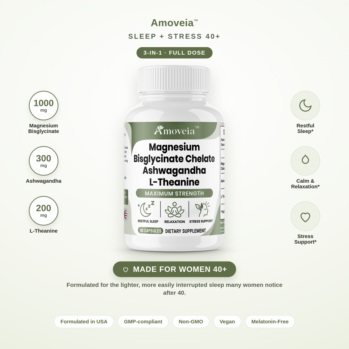 Sleep + Stress 40+ — Magnesium Bisglycinate, Ashwagandha & L-Theanine